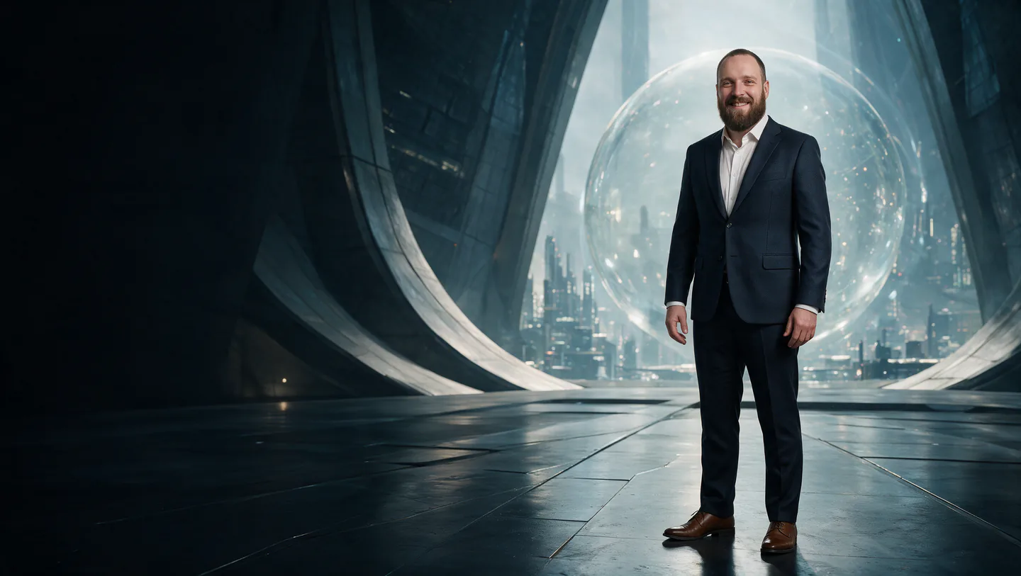 Lukas Wagner steht in einer monumentalen Architektur vor einer leuchtenden Sphäre mit einer Zukunftsstadt