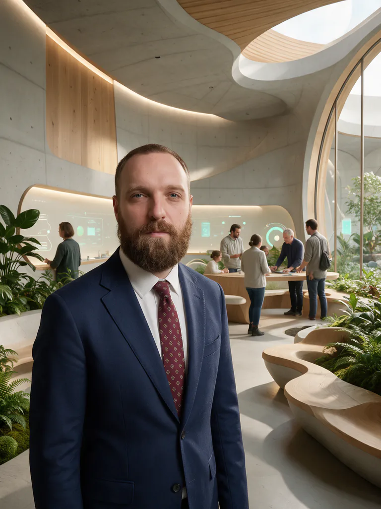 Lukas Wagner in einem hellen Gemeinschaftsraum mit Pflanzen, im Hintergrund Menschen im Gespräch